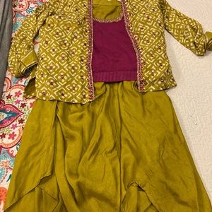 3 pc jacket, crop top, and dhoti skirt